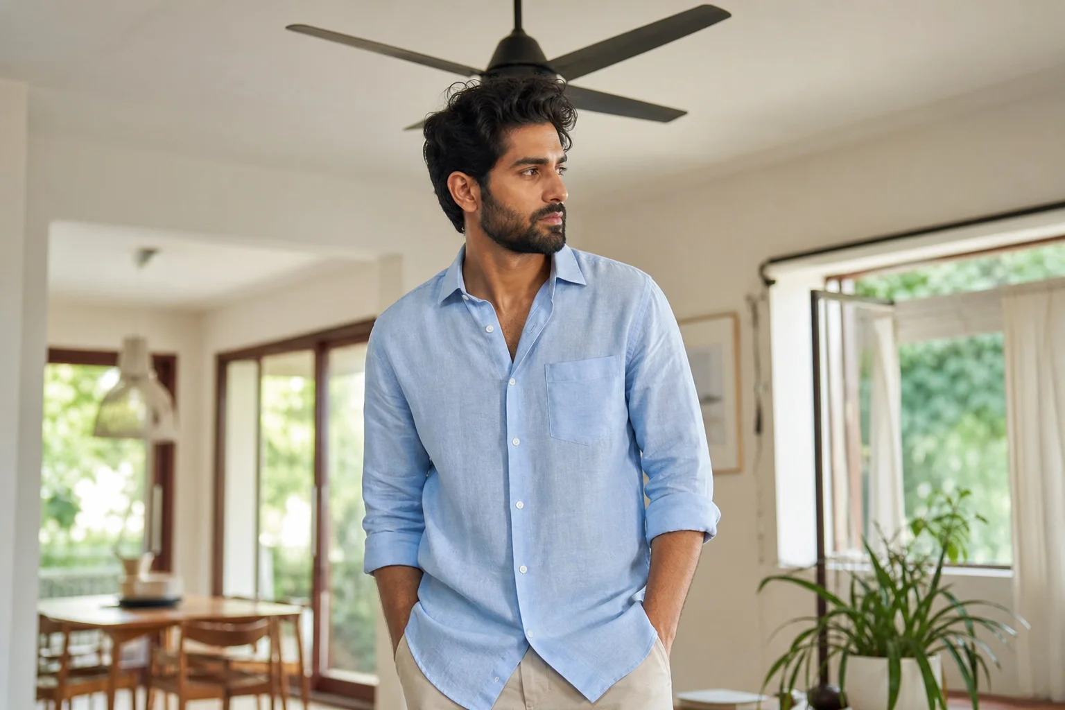 Man in a light blue linen shirt in a minimal airy Indian home interior