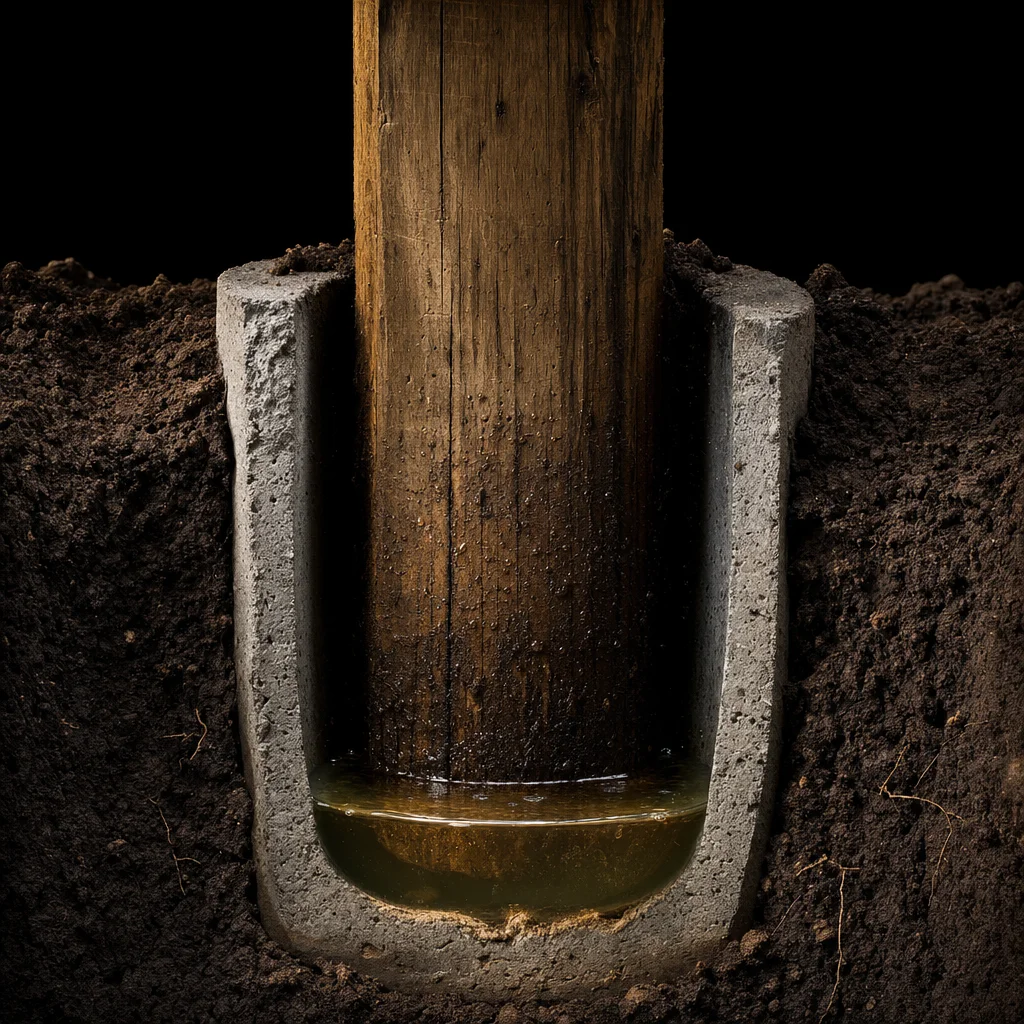 Wood post buried in concrete with rainwater trapped inside
