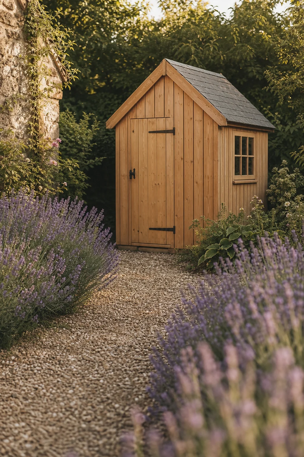 A handcrafted timber shed at the end of an English cottage garden