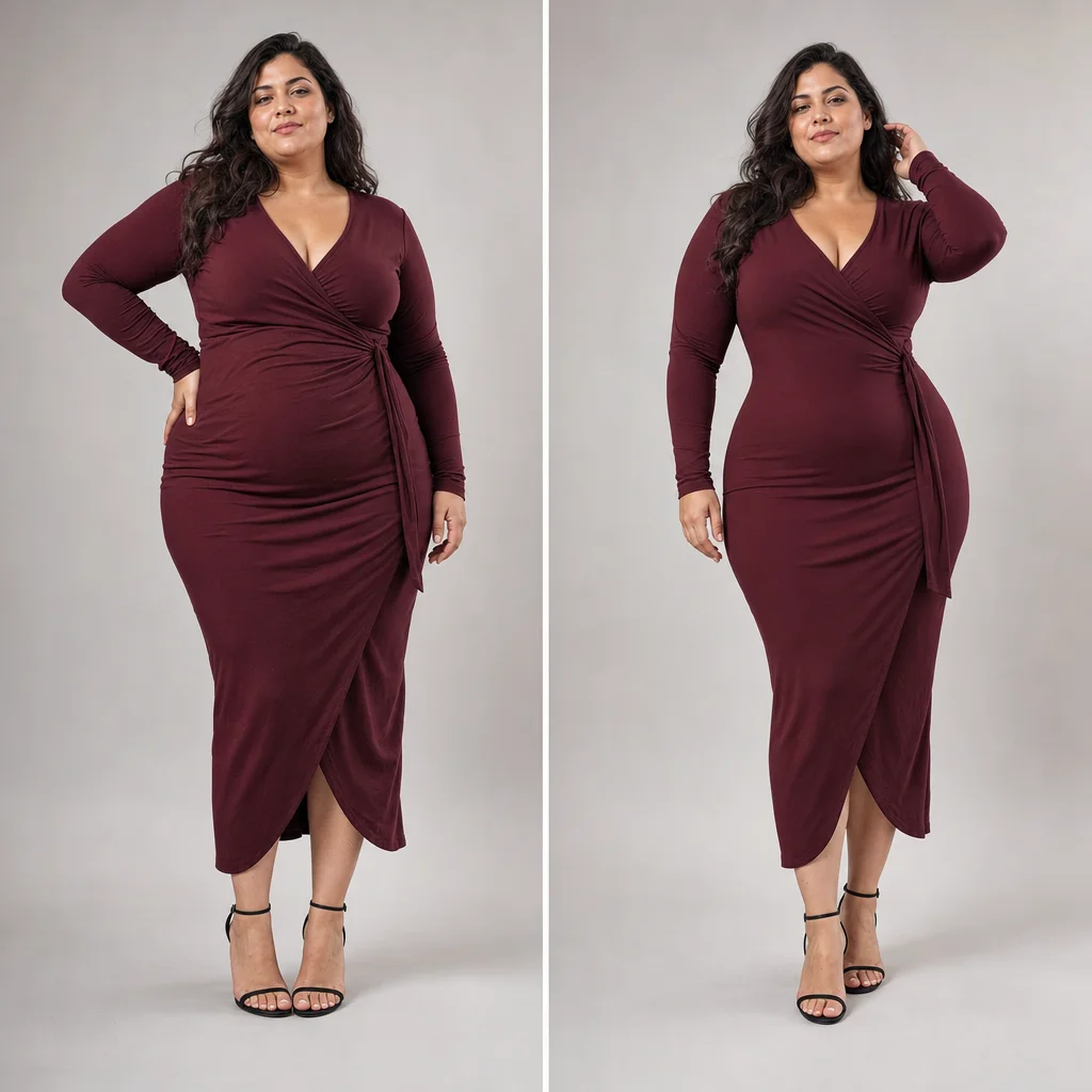 Wrap dress — before and after wearing WoWearShape