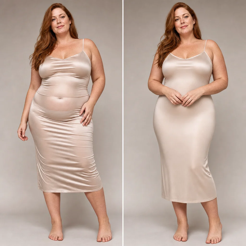 Satin slip dress — before and after wearing WoWearShape