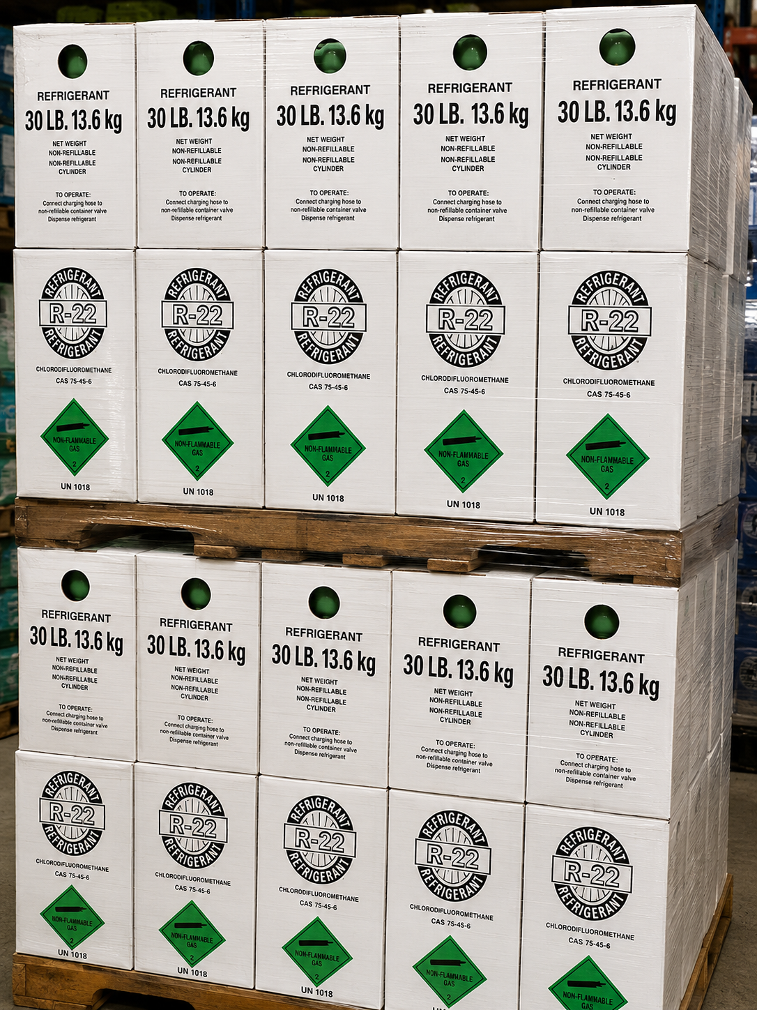 Representative Full Pallet – 40 × 30lb R-134a Automotive Refrigerant, Free Freight