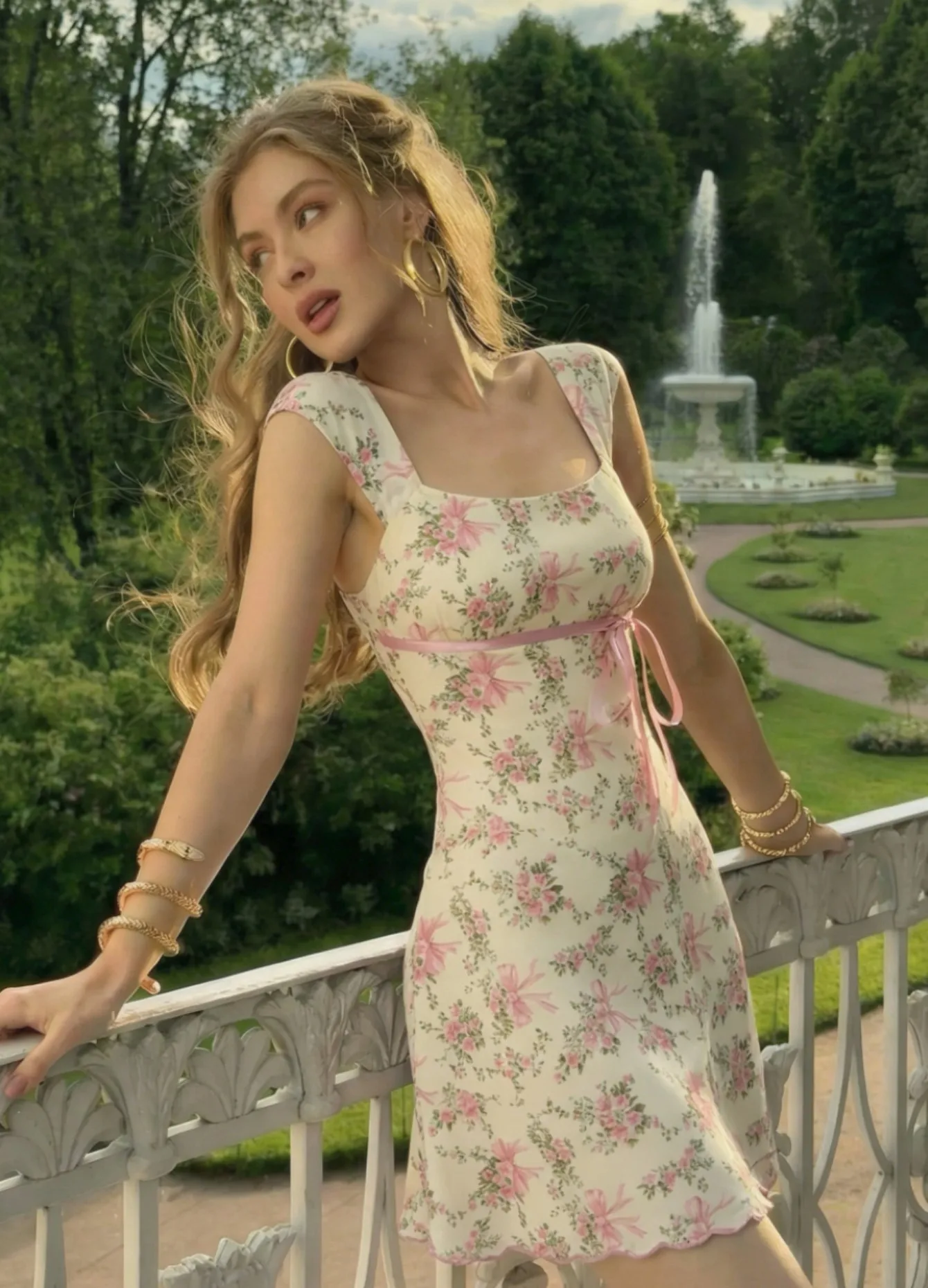 Rose Bow Print Tie-Waist Mini Dress
