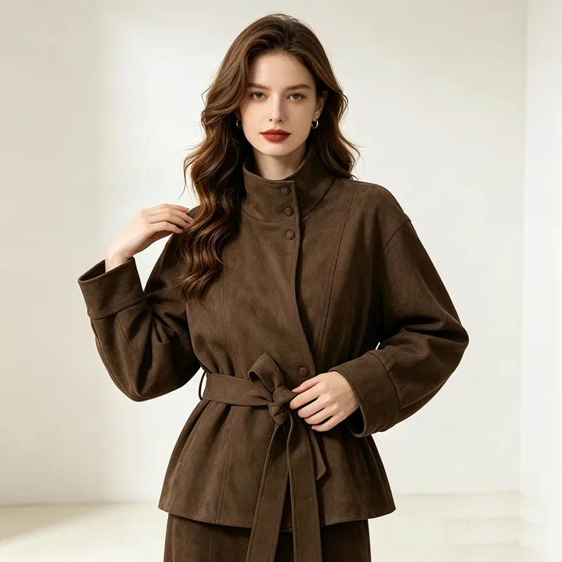 Belted Stand-Collar Jacket