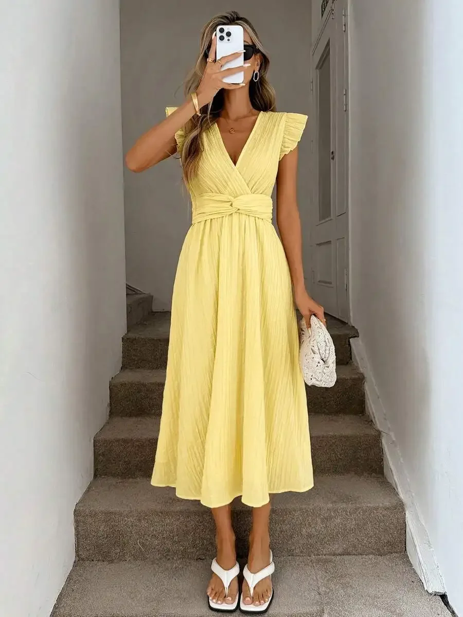 Pleated Wrap-Front Midi Dress