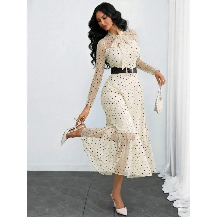 Polka Dot Bow-Neck Mesh Midi Dress