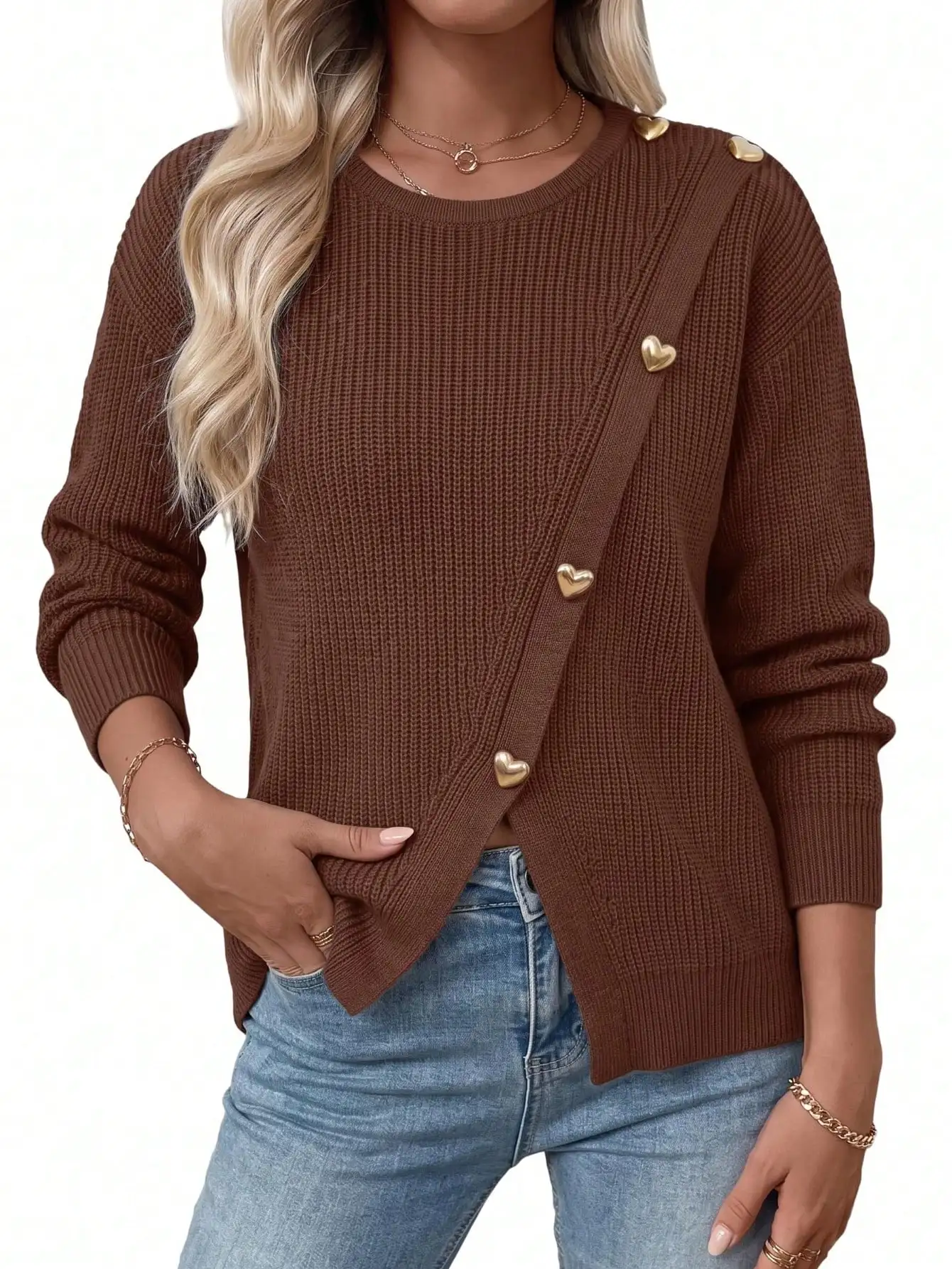 Heart Button Split-Hem Sweater