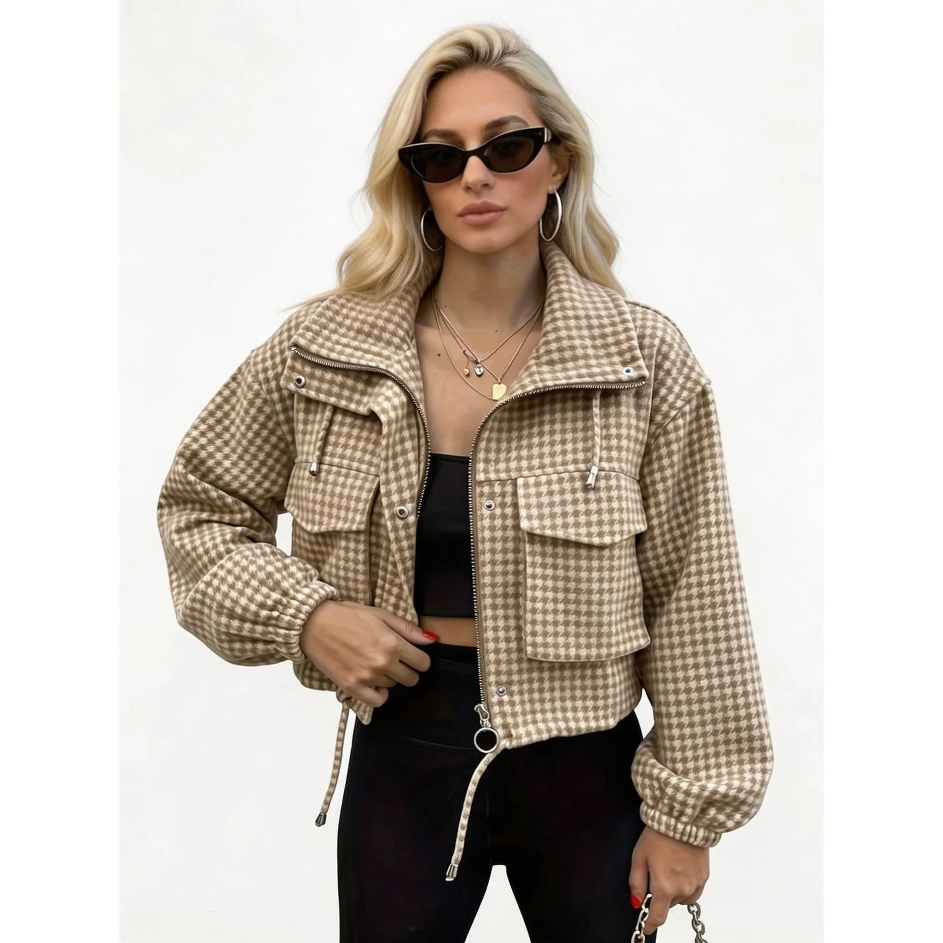 Houndstooth Cropped Utility Jacket