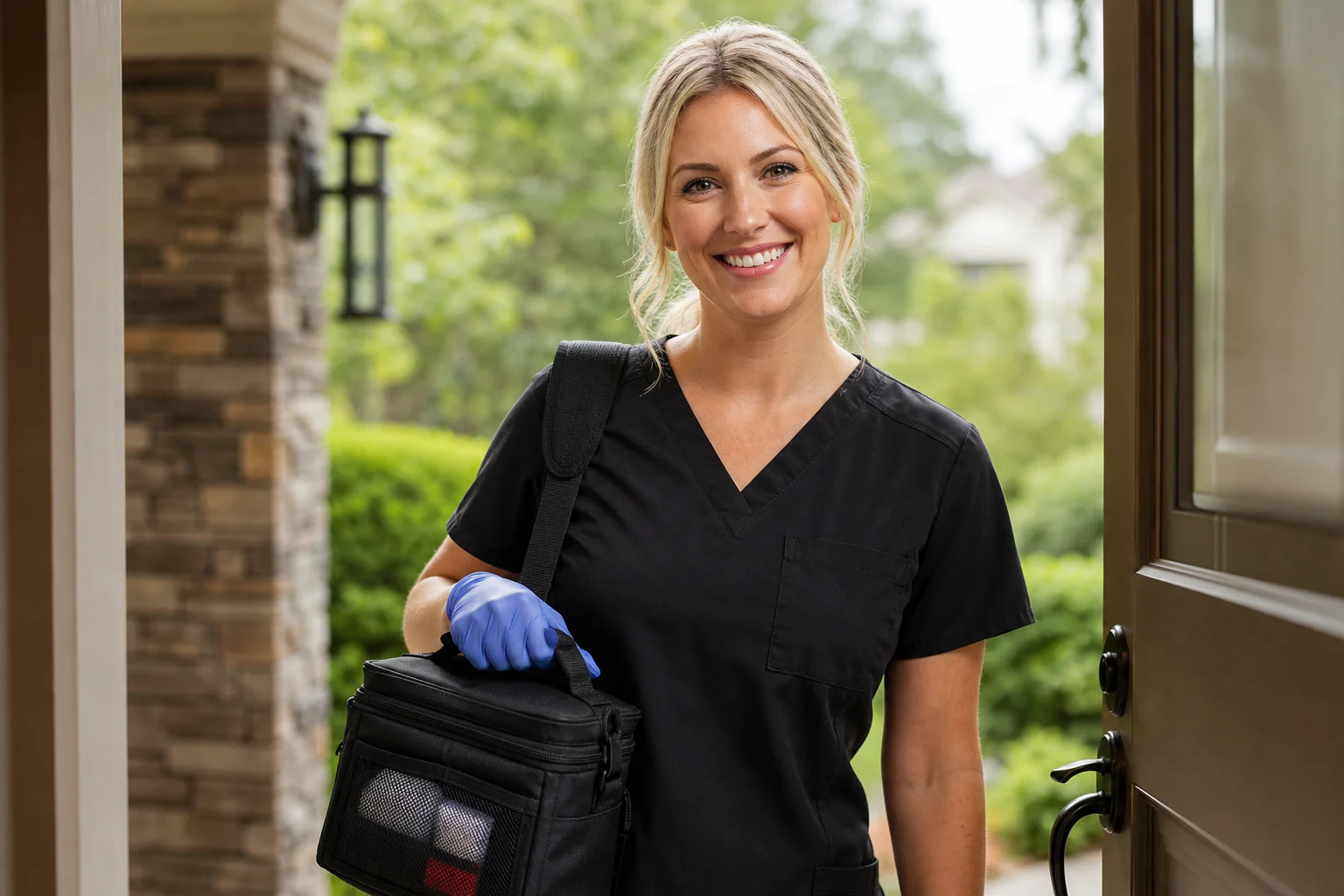 Blonde patient booking a mobile lab draw online