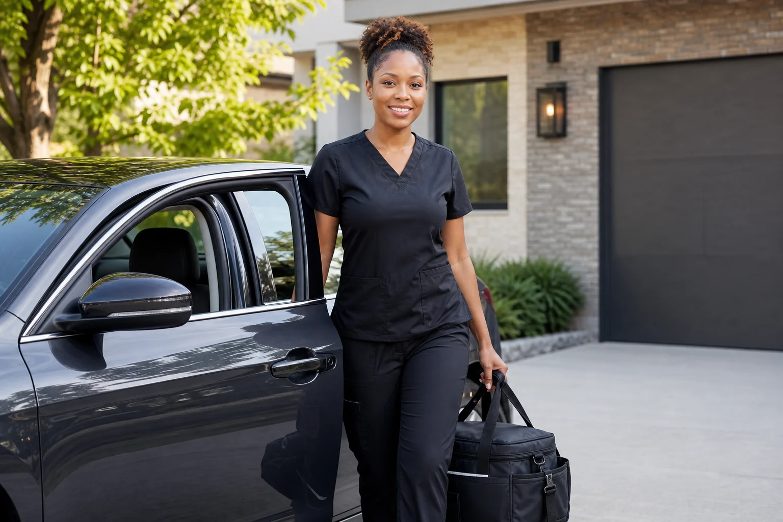 African American mobile phlebotomist arriving in a car for a patient visit