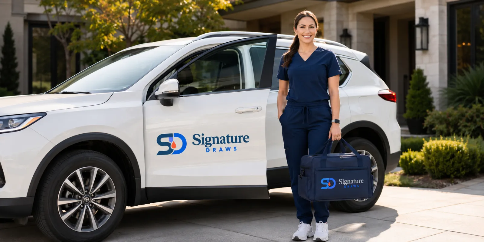 Signature Draws clinician arriving for a mobile visit beside a branded vehicle