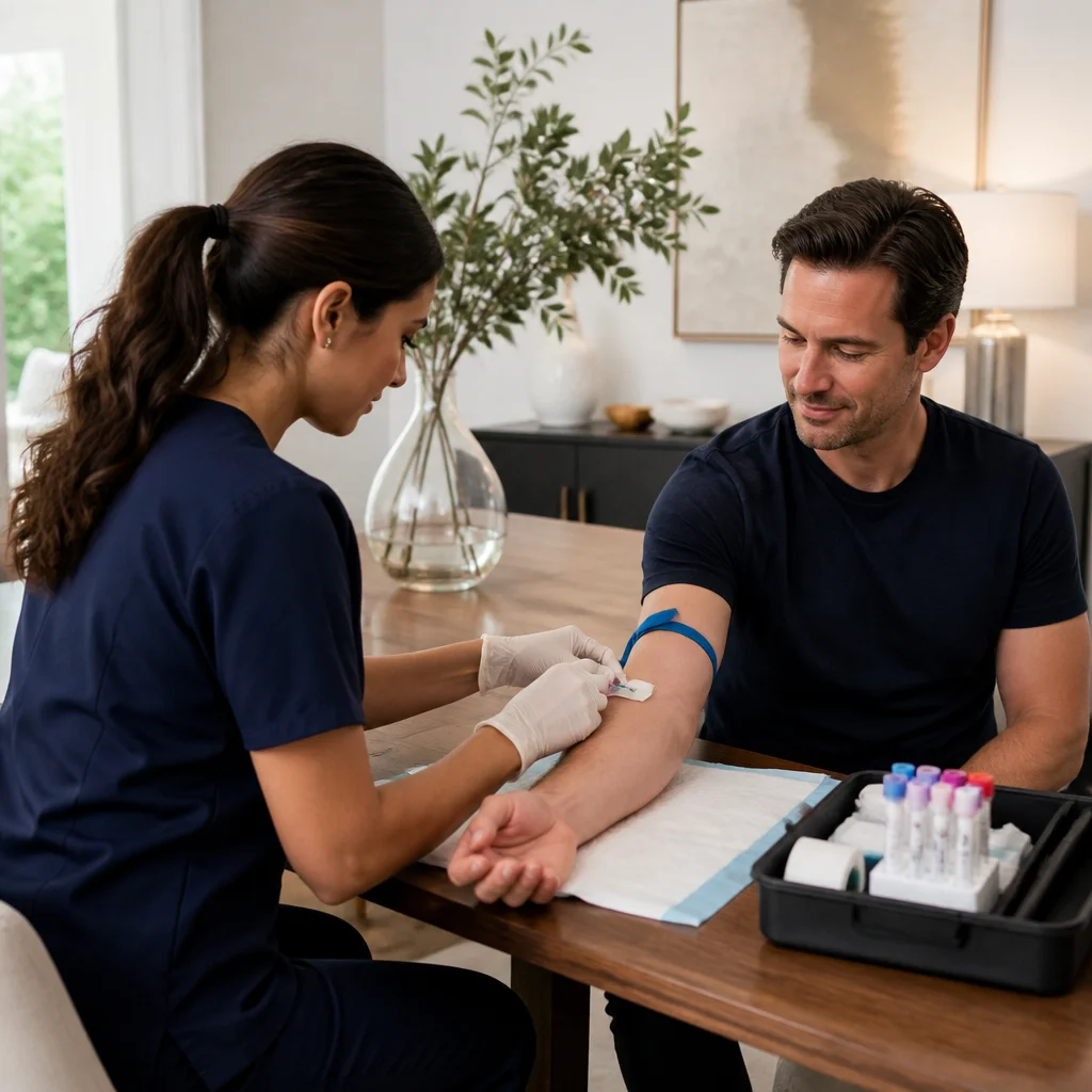 Patient reviewing digital lab results at home after a mobile visit