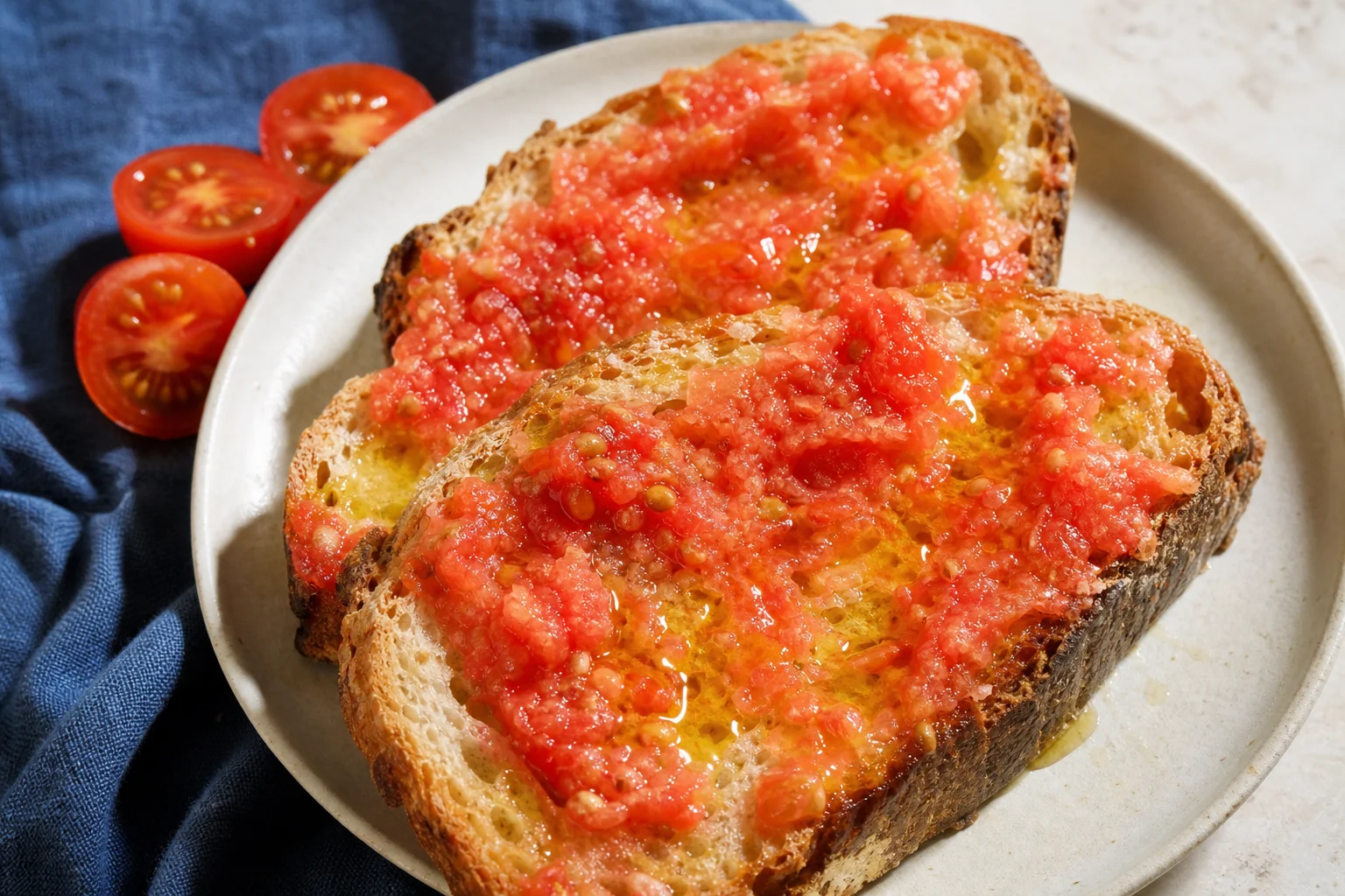 Pan con tomate y aceite de oliva en un plato