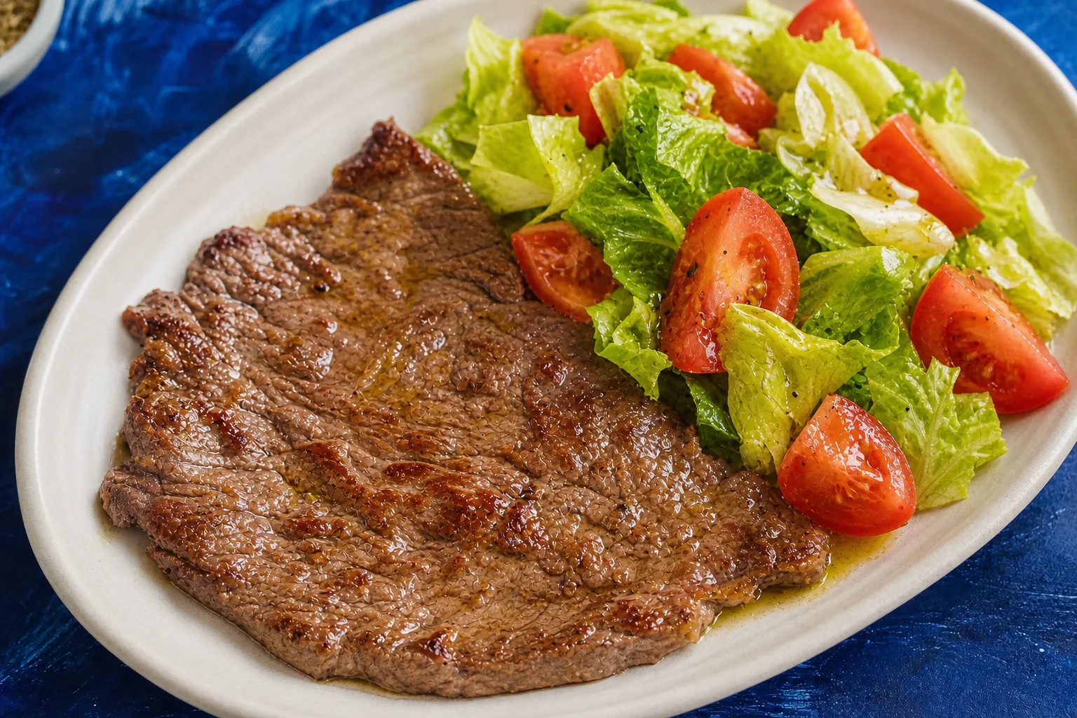 Bistec a la plancha con ensalada de lechuga y tomate y aceite de oliva