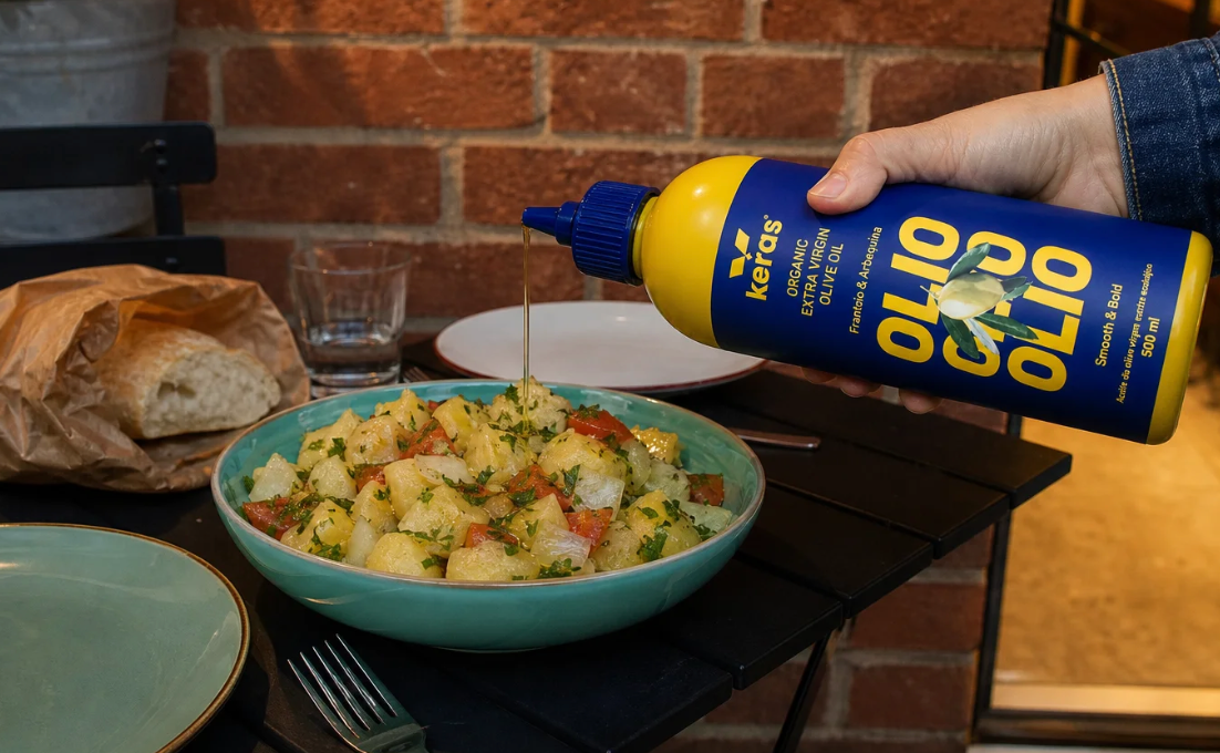 Chef Bottle KERAS vertiendo aceite sobre una ensalada de patatas