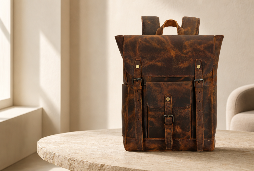 The Daily Backpack in brown in a lounge scene