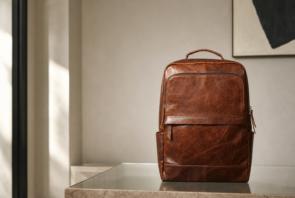 The Mercer Backpack in vintage brown in an editorial desk scene