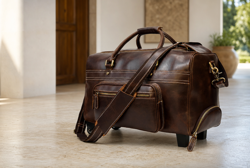 The Rolling Duffel in dark brown in an entry scene