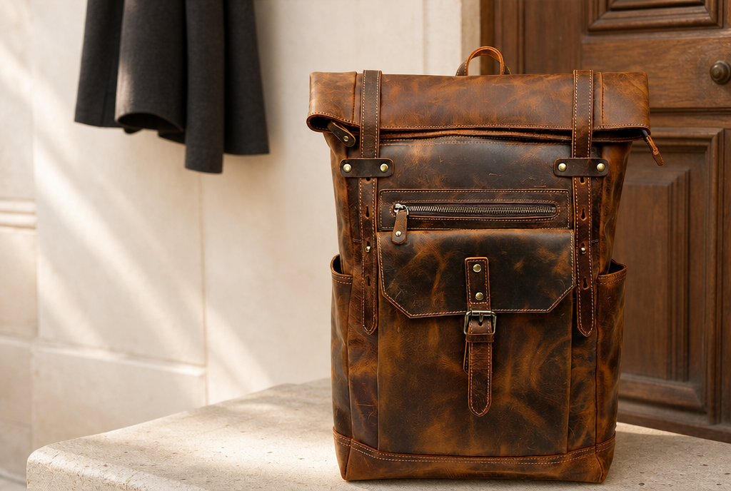 The Travel Backpack in brown in a departure scene