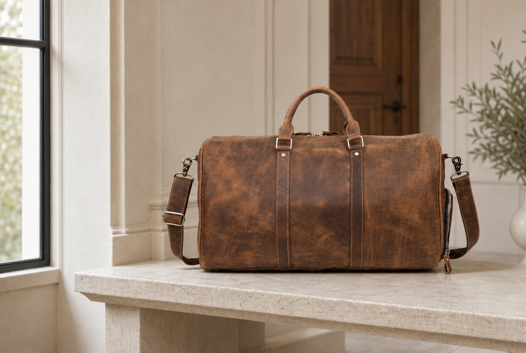 The Classic Weekender in brown in a hotel scene
