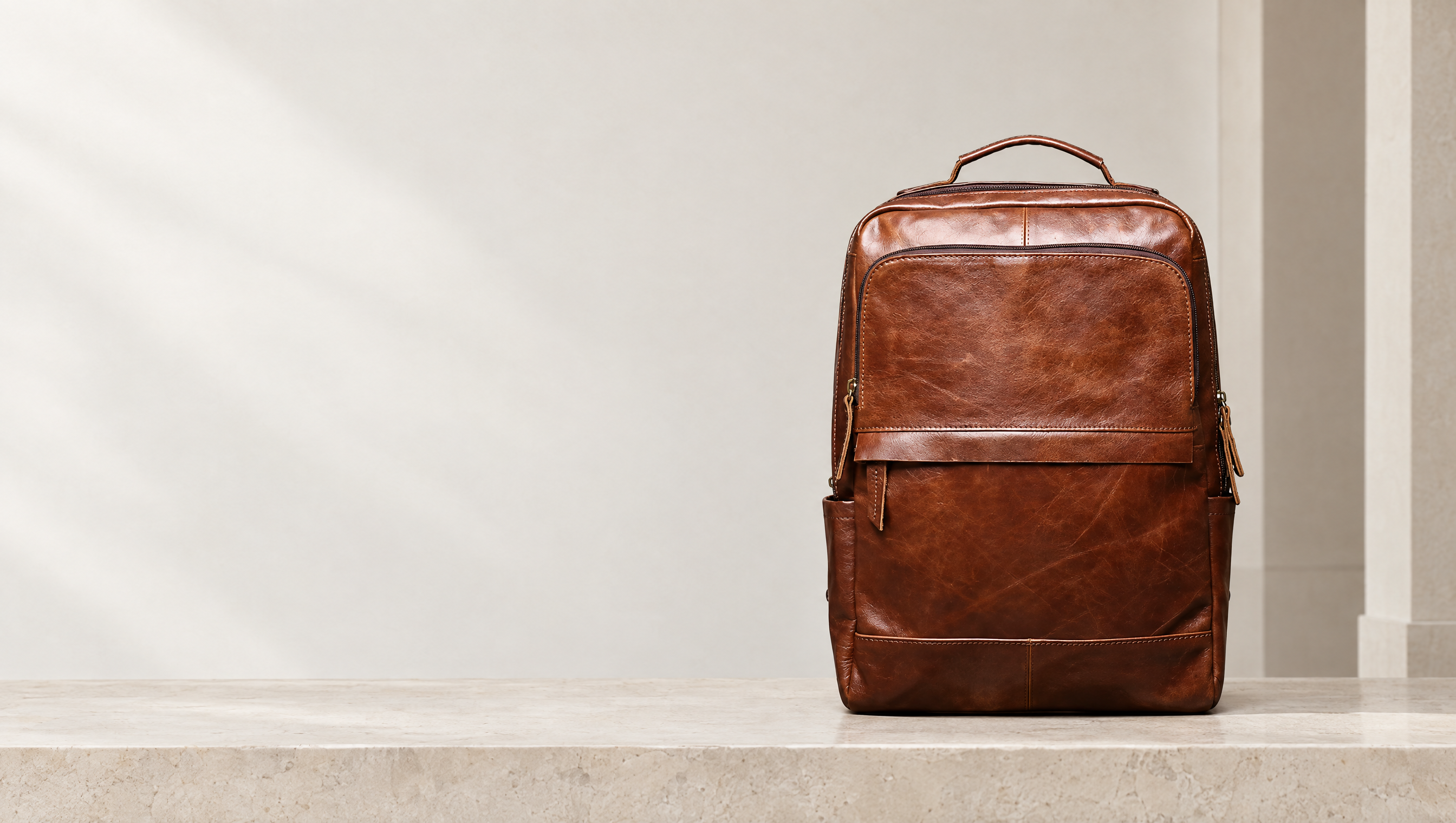The Mercer Backpack in vintage brown, shown in full on a stone console in a pale architectural setting.