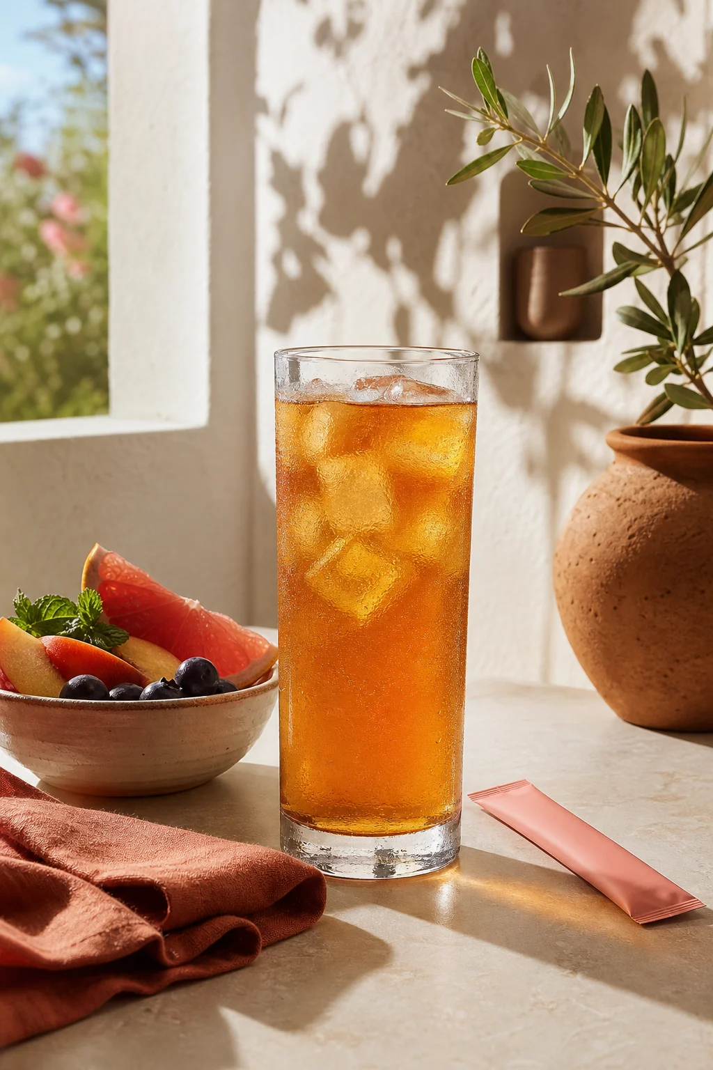 A glass of NOTO on a sunlit kitchen counter