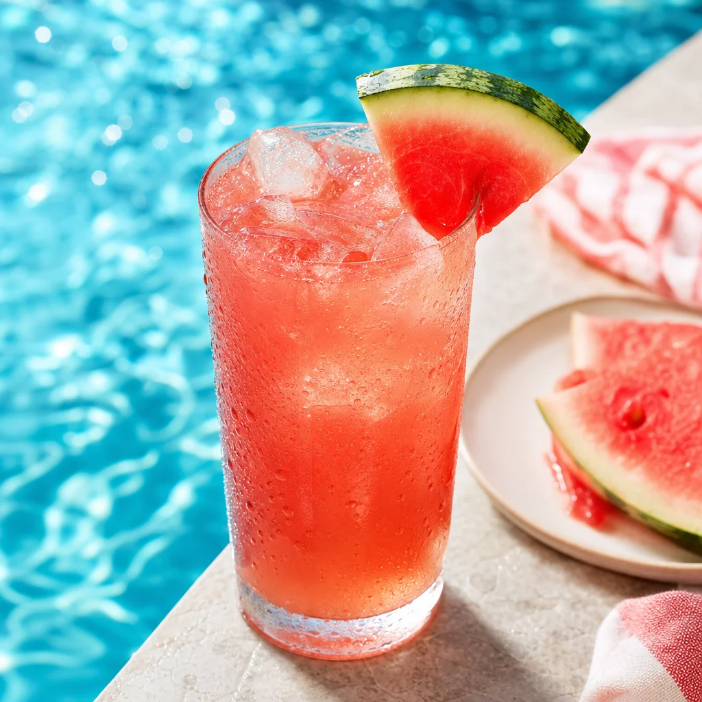 Watermelon NOTO iced tea over ice beside a pool