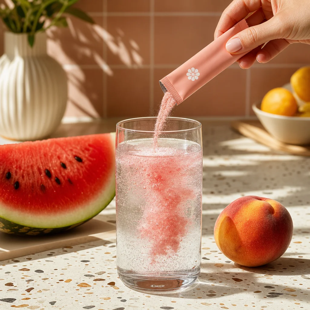 Pouring a NOTO stick into a glass of cold water