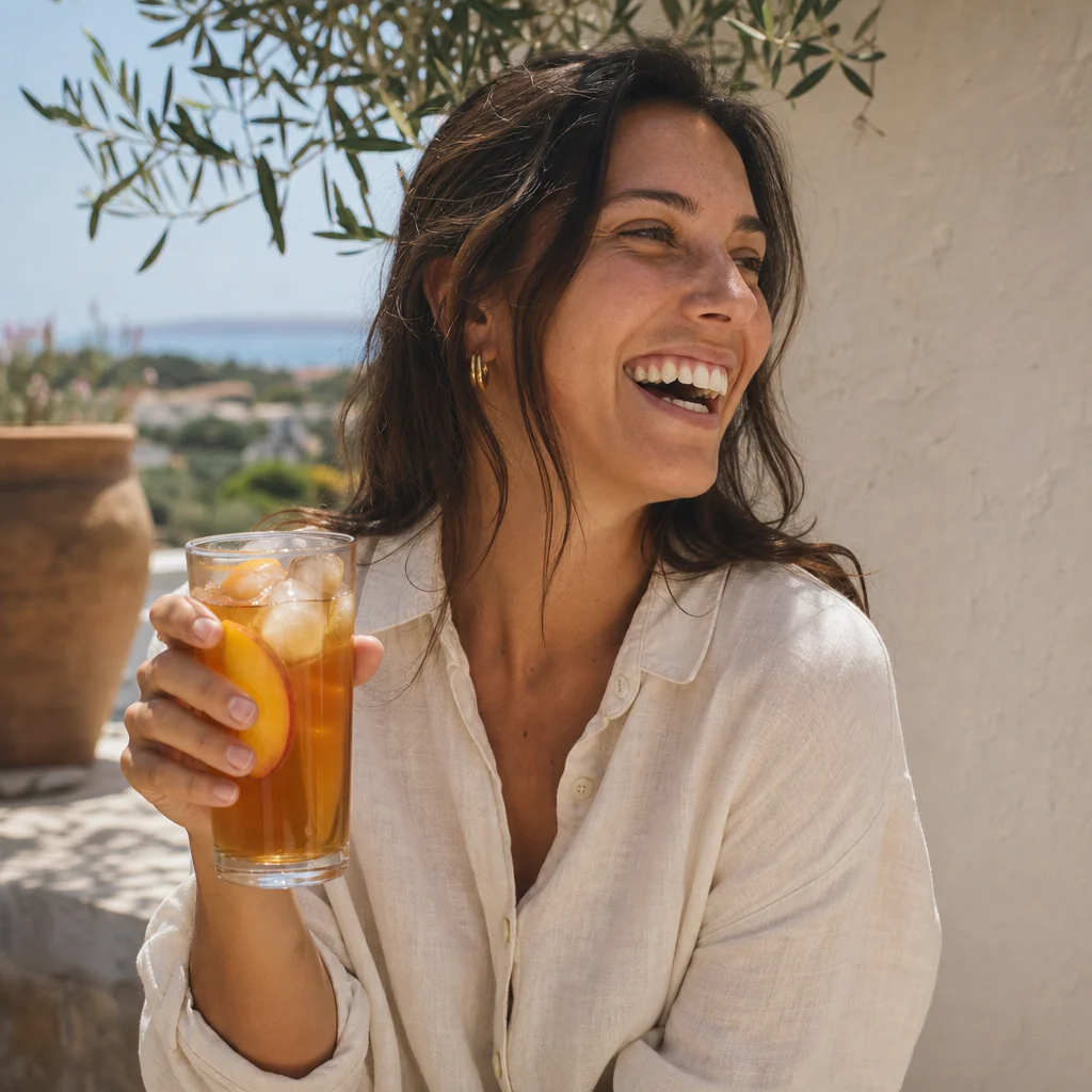 A customer with NOTO iced tea on a sunlit terrace