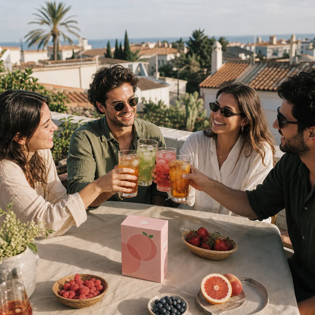 Friends sharing NOTO iced tea on a rooftop