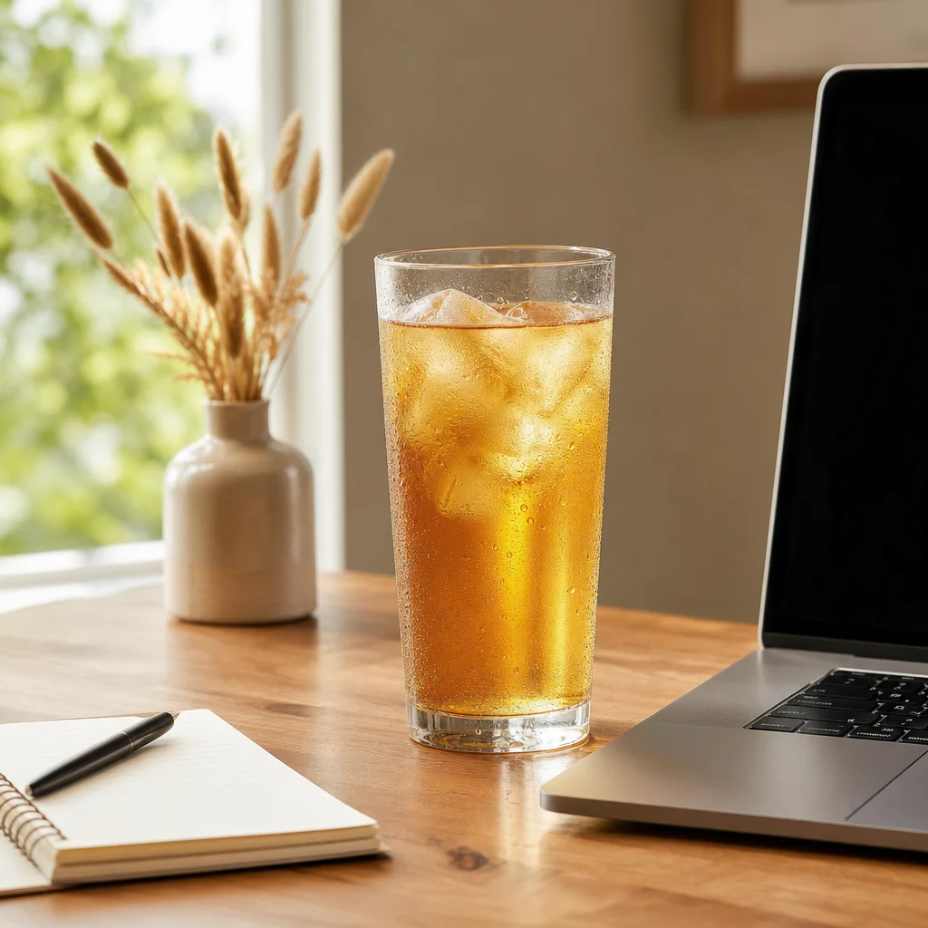 A glass of NOTO iced tea on a work desk