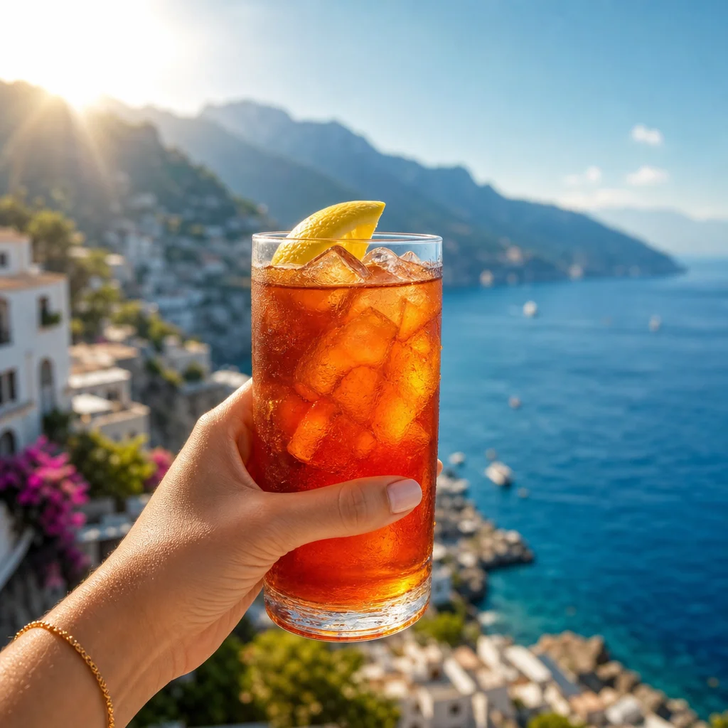 A glass of NOTO iced tea held up against the Mediterranean sea