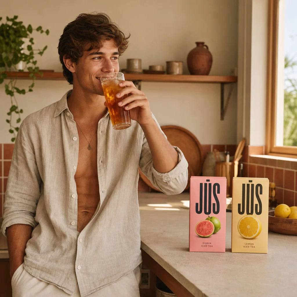 A customer drinking NOTO in a sunlit kitchen