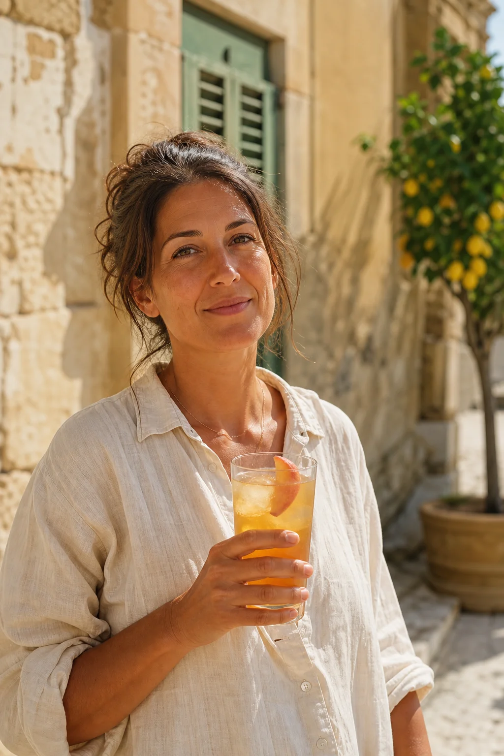 The founder of NOTO in a sunlit courtyard in Noto, Sicily, holding a glass of iced tea