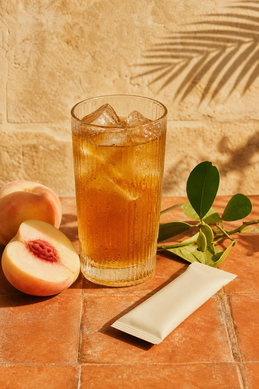 A NOTO stick and a tall glass of iced tea held in the Mediterranean sun