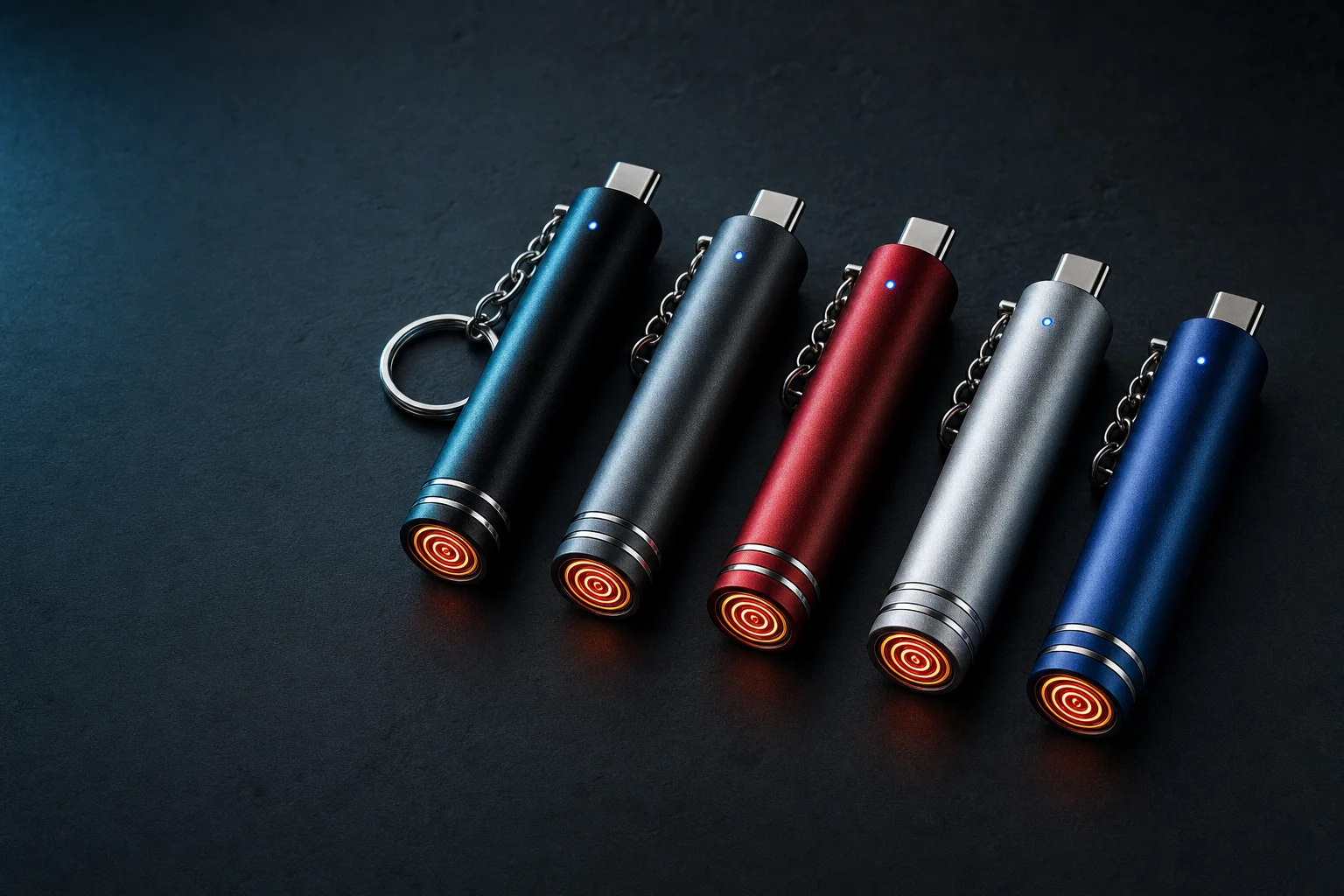 SparkKey Type-C lighters lit in a dark studio