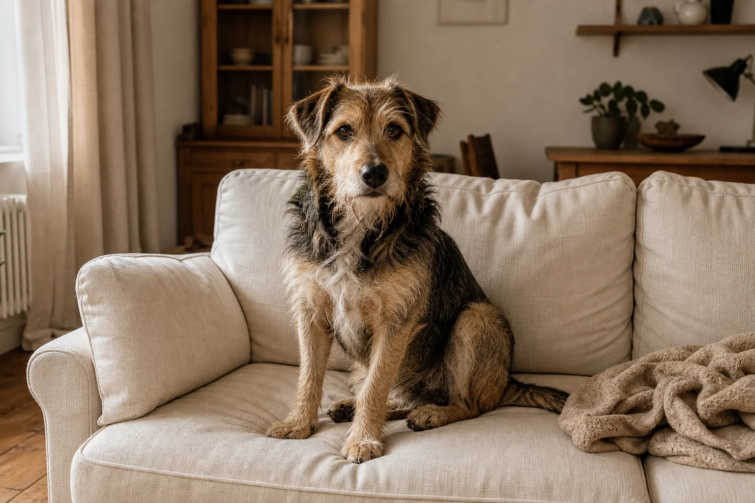 A dog sitting on a freshly cleaned couch