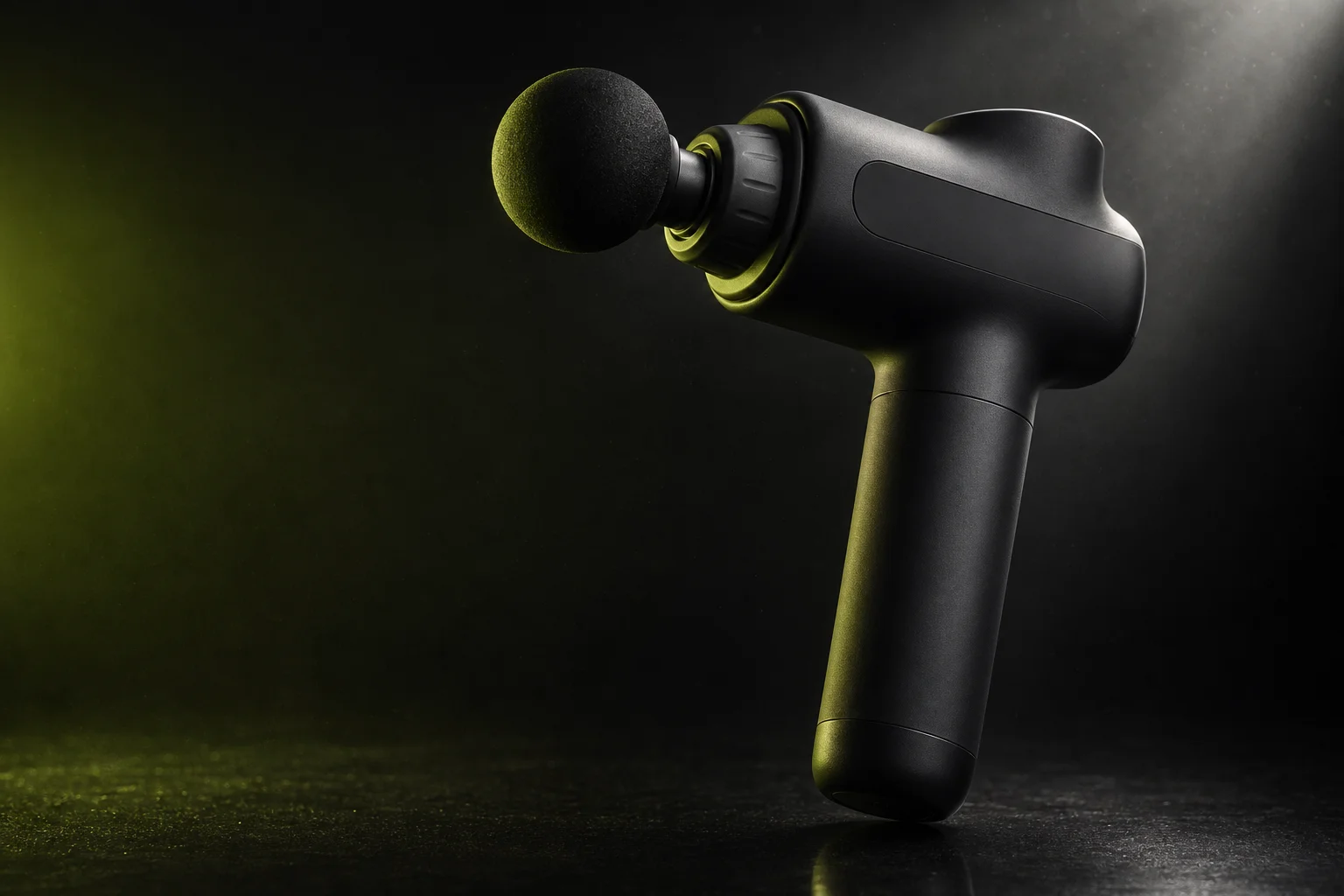 Matte black percussion massage gun lit from the side