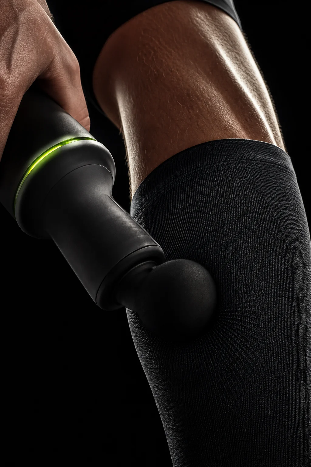 Massage gun head pressing into a compression sleeve
