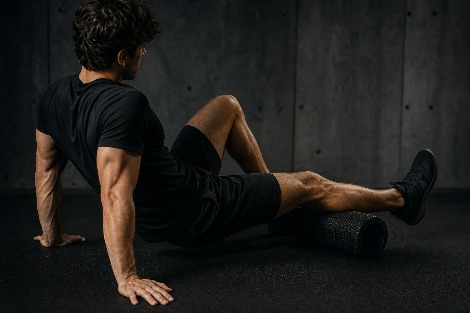 Athlete rolling the calf on a foam roller after training