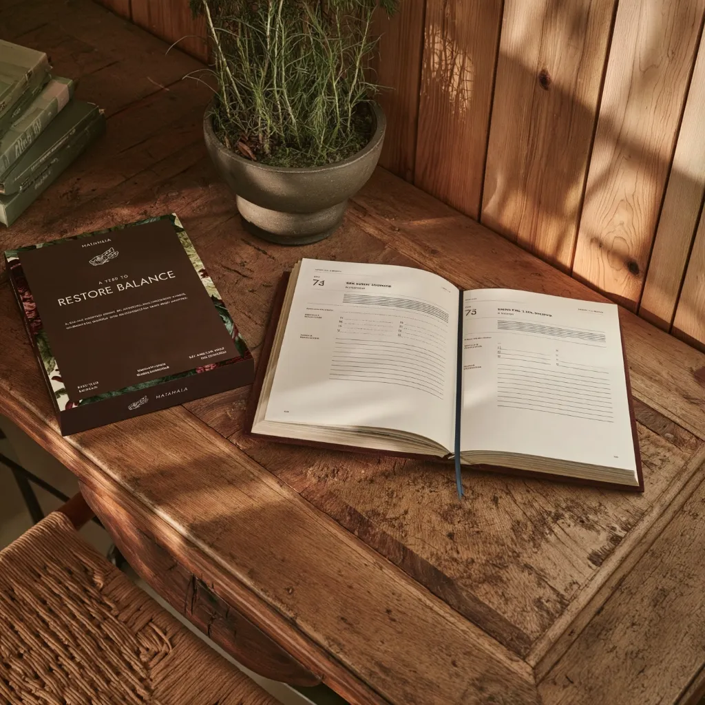 A Year to Restore Balance journal open beside its botanical presentation box on a wooden table