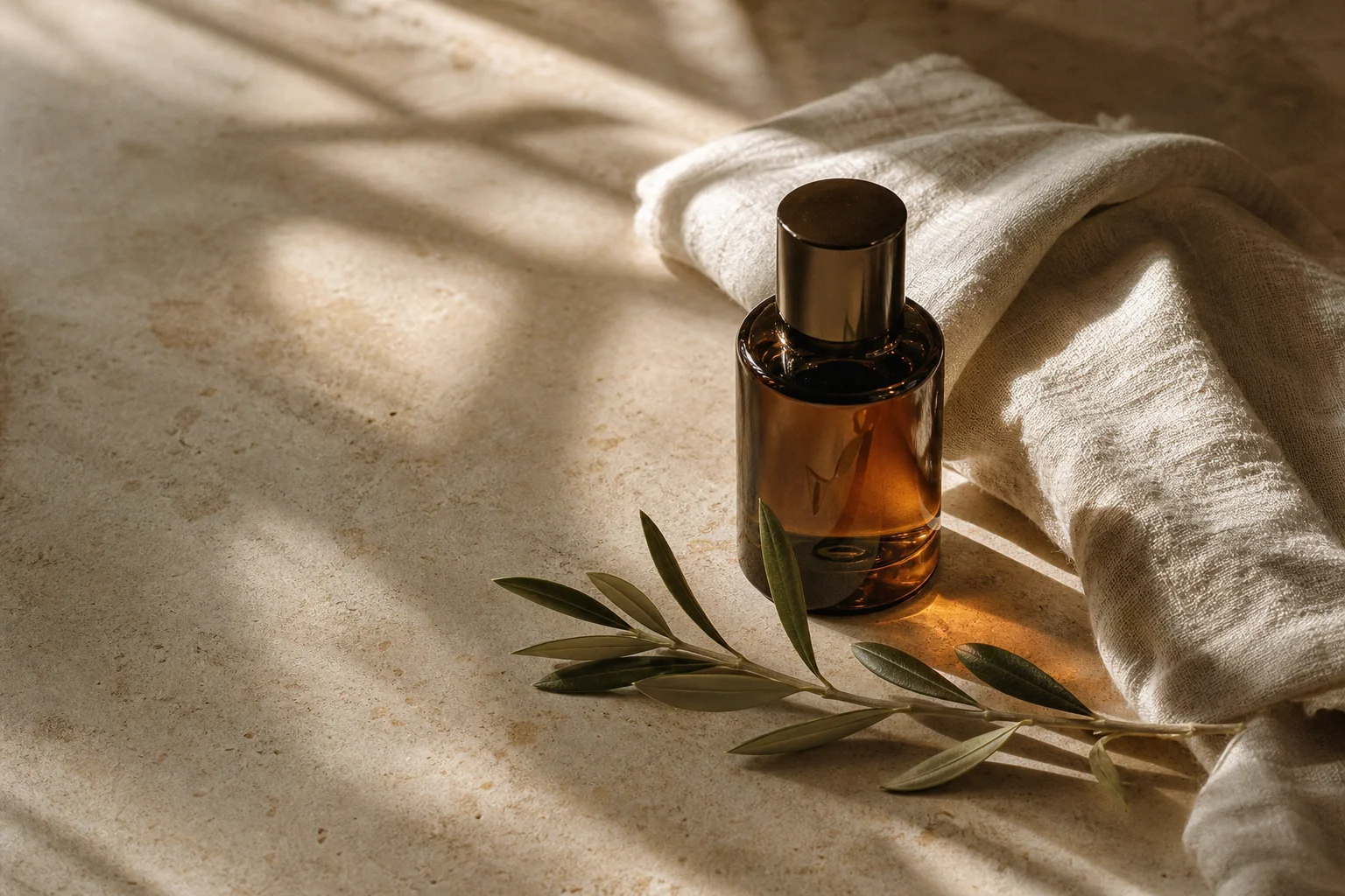 Amber glass bottle, olive branch and linen on a sunlit stone table