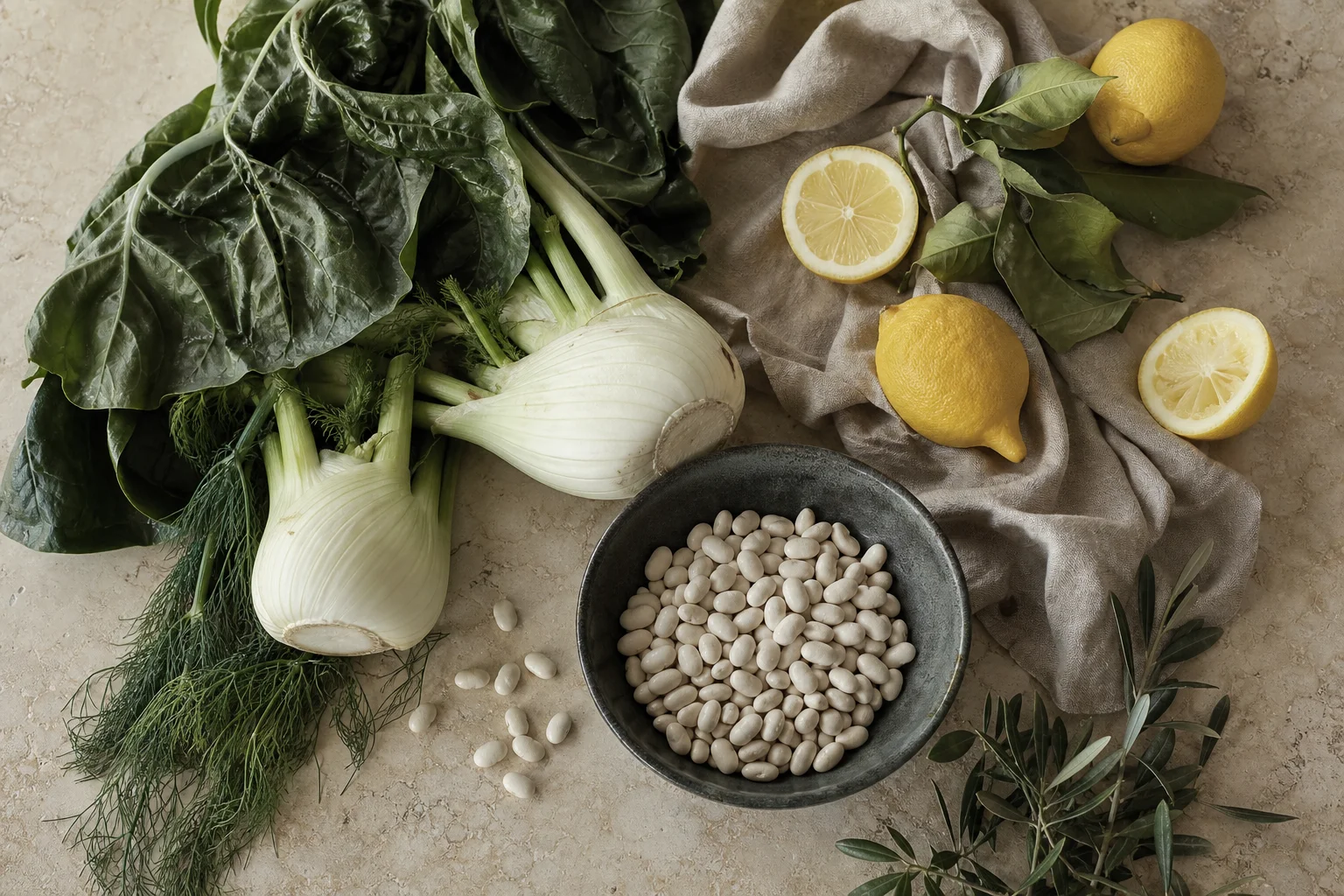 Seasonal greens, fennel, lemons and white beans on a warm stone worktop