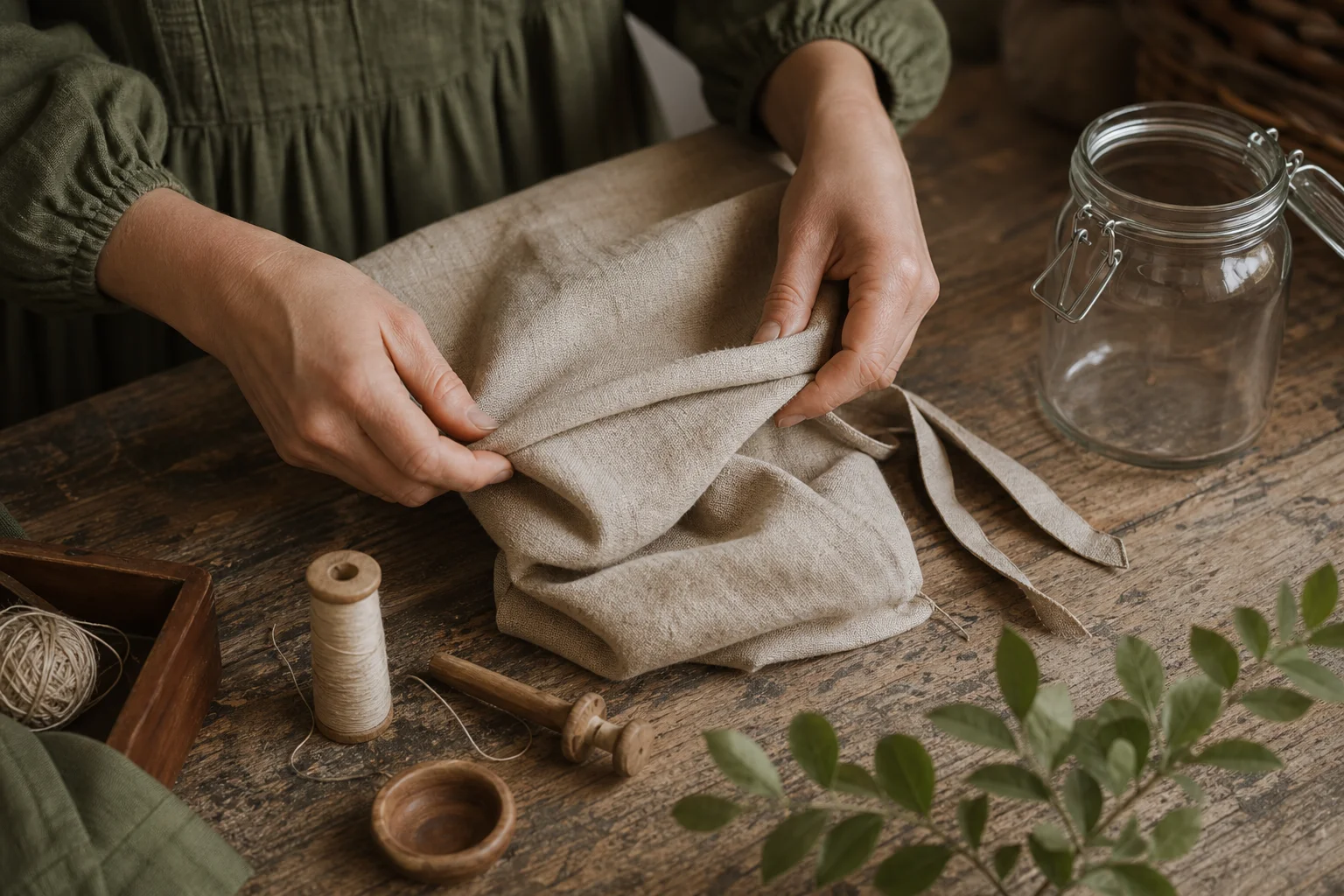 Hands folding natural linen beside thread and wooden sewing tools