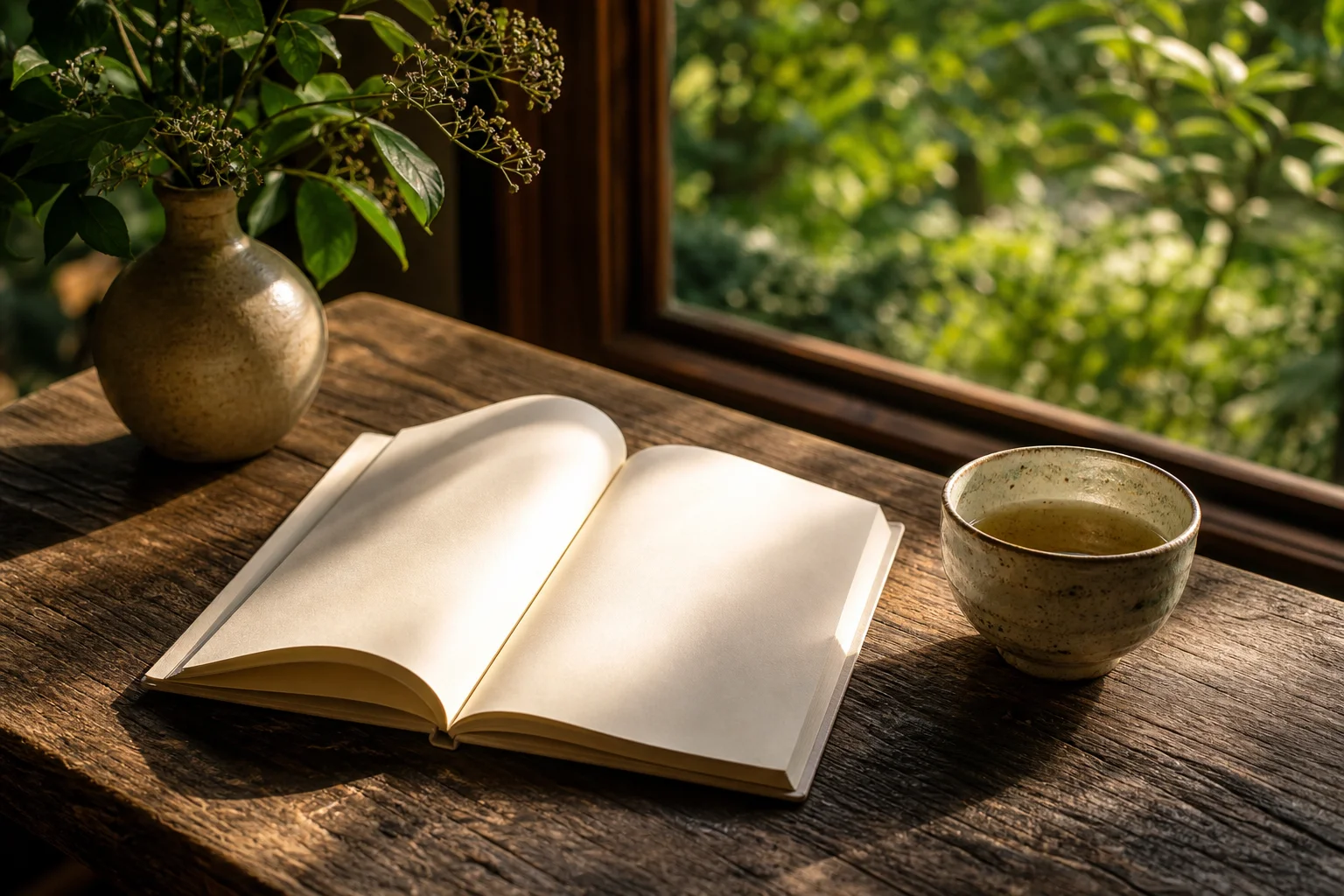 Morning sunlight over an open notebook and a ceramic cup by a garden window