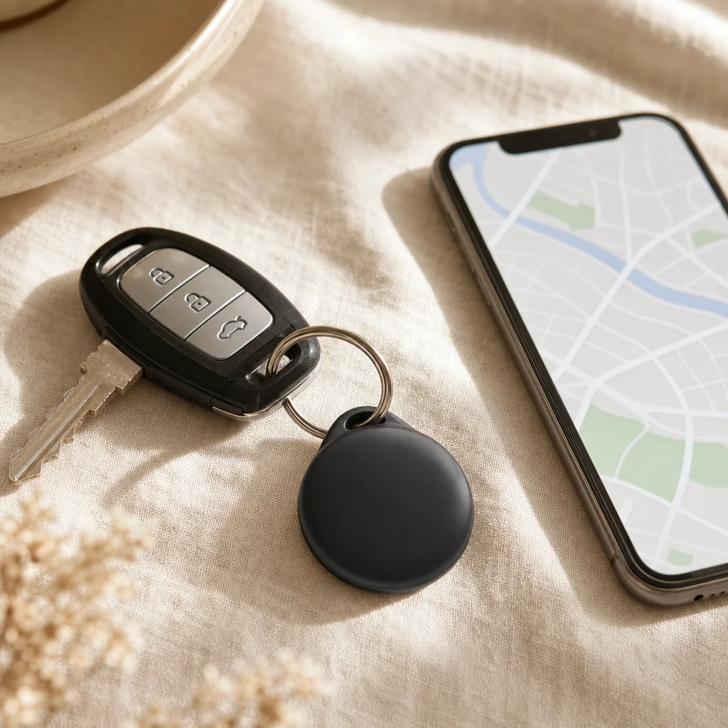 GPS Tag Tracker on car keys beside a phone