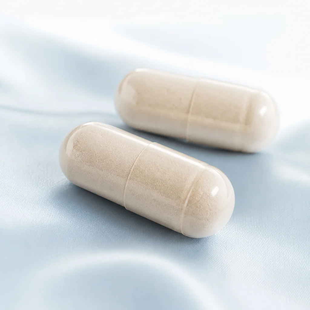Cream capsule detail on an ice-blue surface