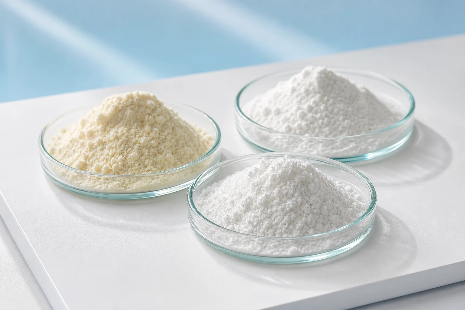 Illustrative nutrient powders in glass dishes representing vitamins and minerals