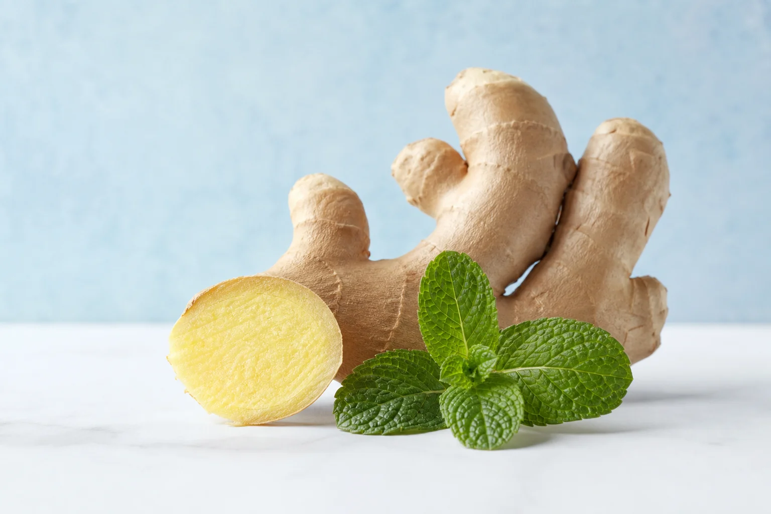 Ginger root and peppermint leaves, botanical sources named on the label