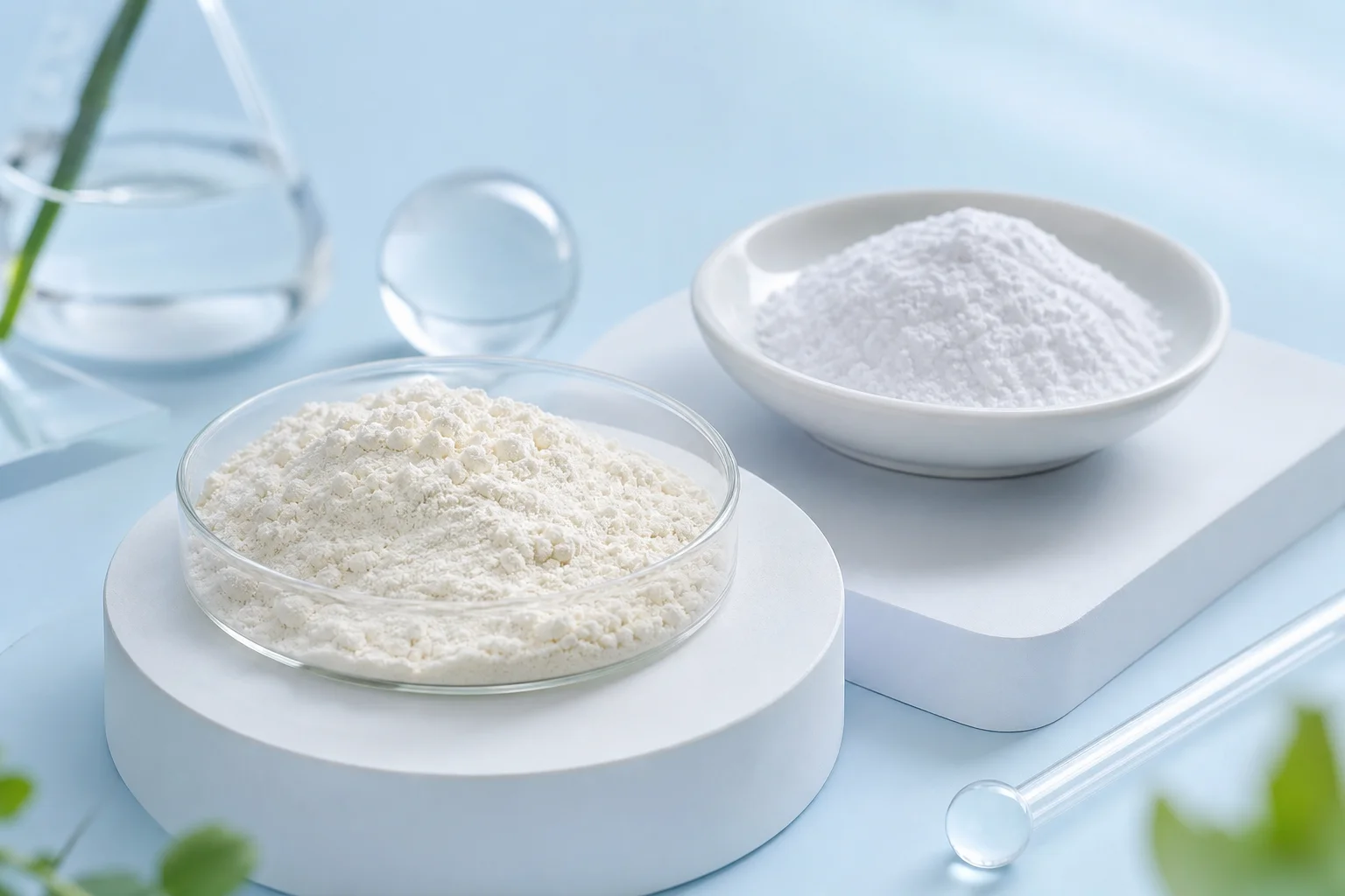 Illustrative micronutrient powders in dishes against a pale blue background